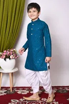 Rayon Cotton Embellished Kurta with Dhoti for Boys, Teal & White 