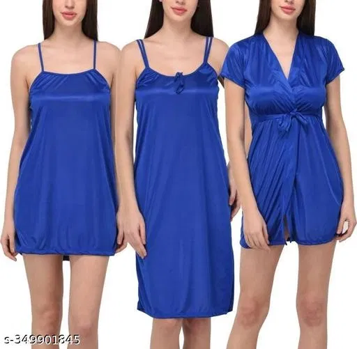 Satin Solid Babydoll for Women, Blue (L)