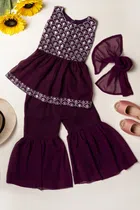 Georgette Embroidered Kurti with Sharara & Dupatta for Girls (Purple, 10-11 Years)