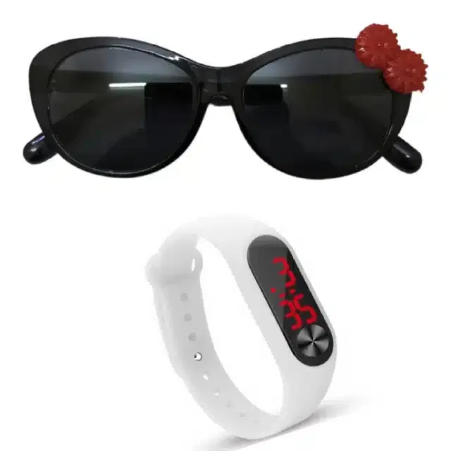 UV Protected Sunglass with Digital Watch for Boys & Girls (Black & White, Set of 2)