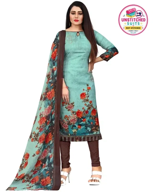Cotton Floral Print Unstitched Suits Fabric for Women (Blue & Brown)
