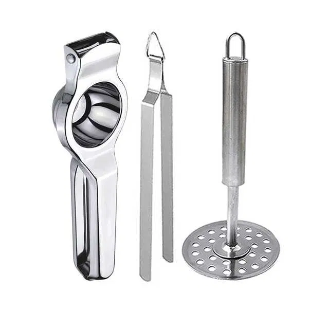 Oc9 Stainless Steel Lemon Squeezer & Roti Chimta & Potato Masher Kitchen Tool Set (O-36)