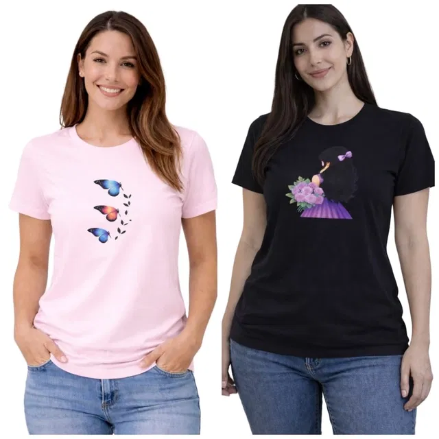 Cotton Blend T-shirt for Women, Pink & Black, Pack of 2 (L)