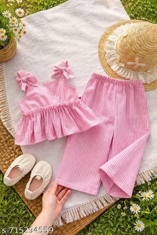 Cotton Top Bottom Set for Girls (Pink, 5-6 Years)