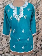 Cotton Chikankari Short Kurti for Women, Blue 