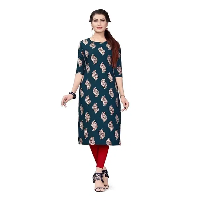 Crepe Block Print Kurti for Women (Teal, XXL)