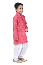 Cotton Blend Embroidery Kurta with Payjama for Boys, Pink & White 