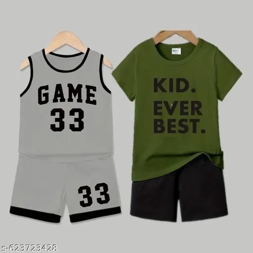 Cotton Blend Printed Clothing Set for Boys, Grey & Olive, Pack Of 2 (0-1 Months)