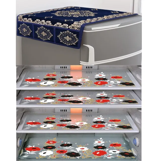PVC Waterproof Fridge Top Cover with 4 Pcs Shelf Mats (Multicolor, Set of 1)