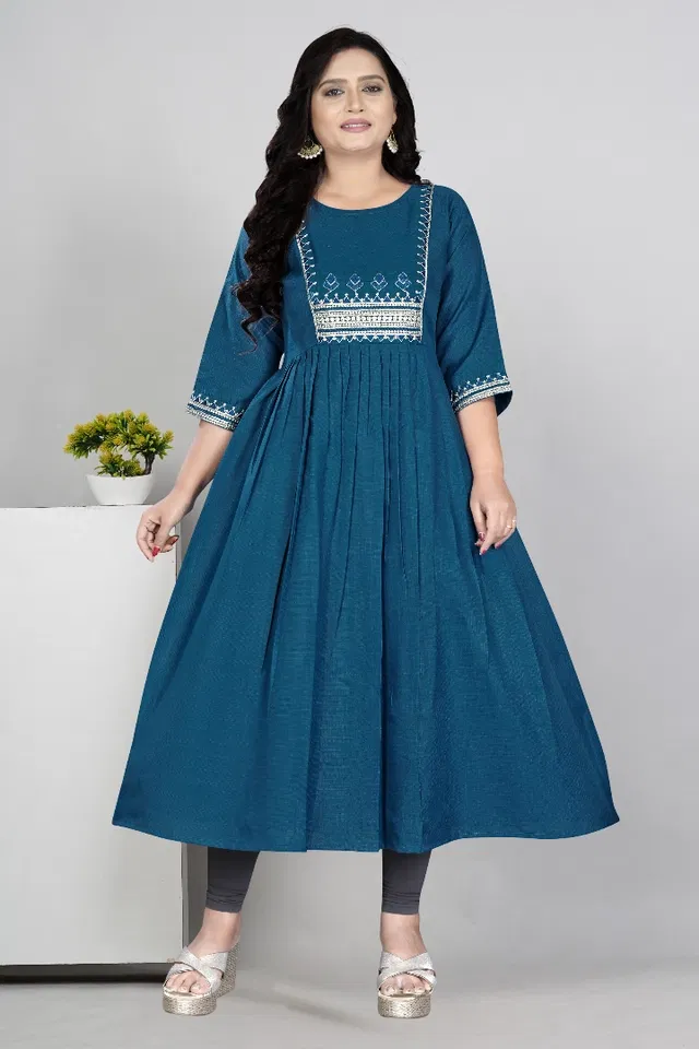 Zari Embroidered Cotton Blend Anarkali Kurti for Women (Blue, XL)