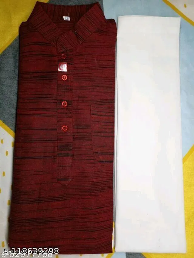 Khadi Cotton Solid Kurta with Pyjama for Men (Maroon & White, L)