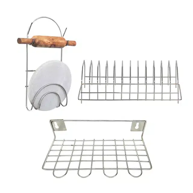 Stainless Steel Chakla Belan Stand & 2 Pcs Utensil Holder (Set of 3, Silver)