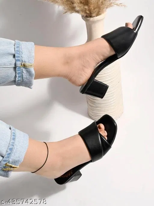 Solid Open Toe Block Heels for Kids (Black, 11-12 Years)