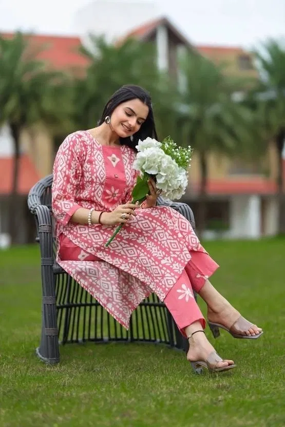 Cotton Printed Women's Kurta with Pant Set (Pink, XL)