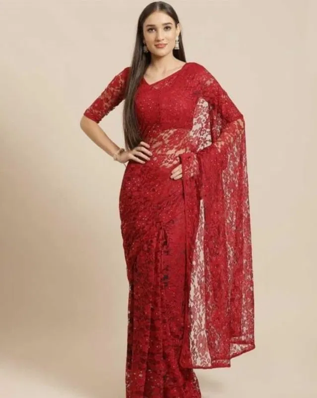 Net Solid Saree for Women (Red, 6.3 m)