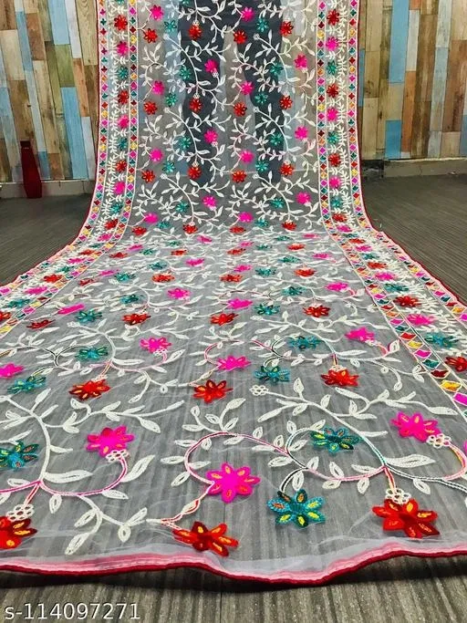 Embroidered Jaipuri Net with Aari Work Sewing & Embroidery (White, Free Size)