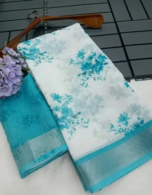Cotton Linen Printed Saree for Women (White & Sky Blue, 6.3 m)