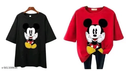 Polycotton Printed T-Shirt for Women, Red & Black, Pack of 2 (L)