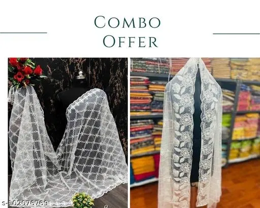 Net Dupatta for Women, Pack of 2 (White, Free Size)