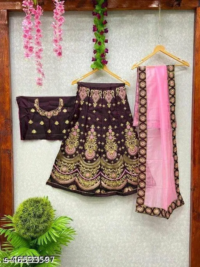 Satin Embroidered Lehenga with Choli & Dupatta for Girls (Wine & Pink, 11-12 Years)