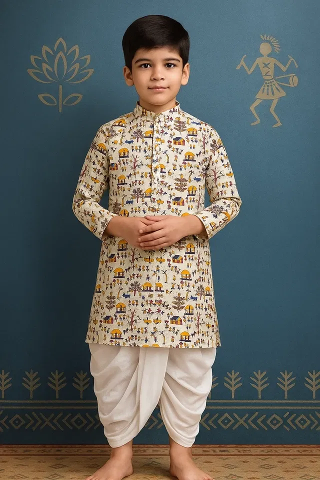 Cotton Printed Kurta with Dhoti for Boys, Beige & White (5-6 Years)