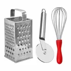 Oc9 स्टेनलेस स्टील 4 in 1 स्लाइसर एंड ग्रेटर & पिज़्ज़ा कटर & एग व्हिस्क फॉर किचन टूल सेट 