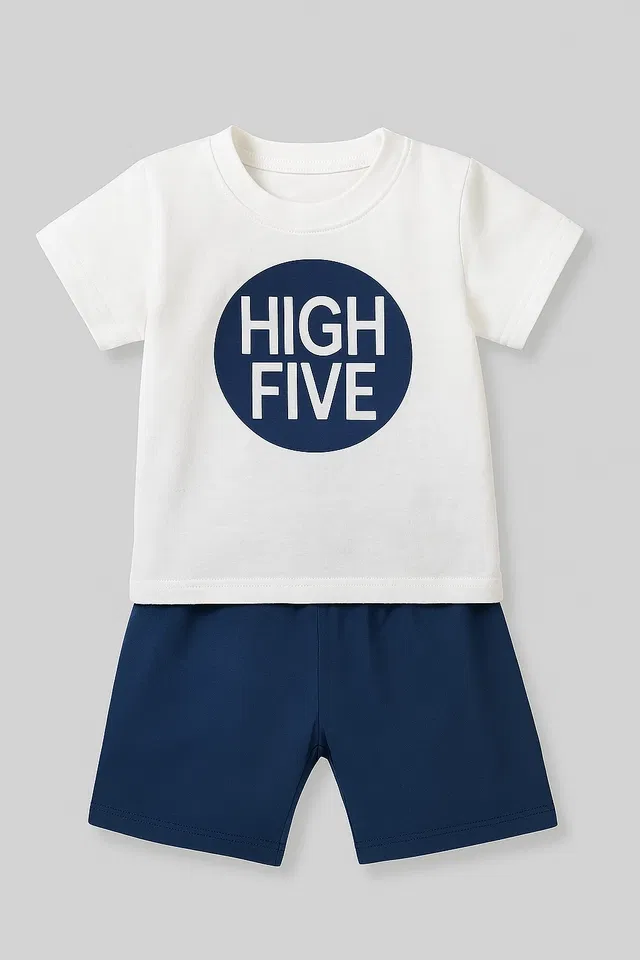 Cotton Blend Printed Clothing Set for Boys (White & Blue, 12-24 Months)