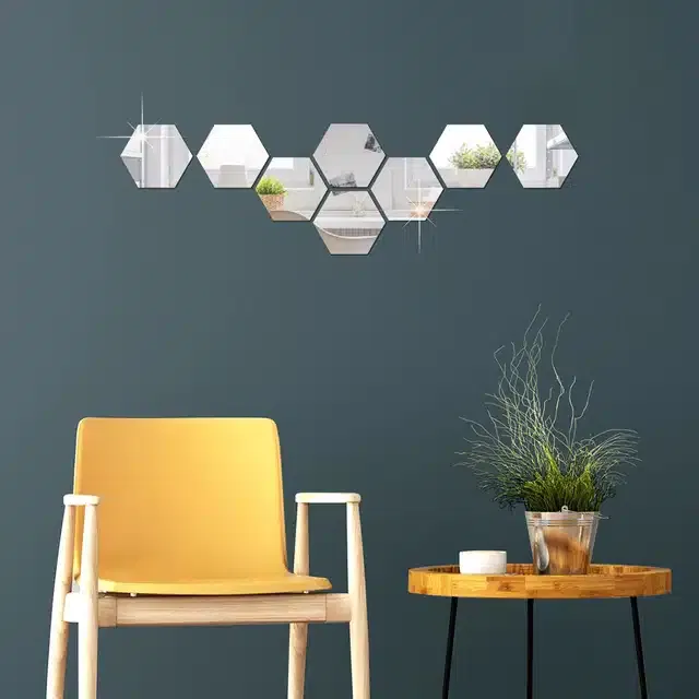 Acrylic Hexagon Shaped Wall Mirror Stickers (Silver, Pack of 8)