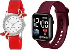 Analog & Smart Watch Combo for Women & Girls (Red & Wine, Pack of 2)