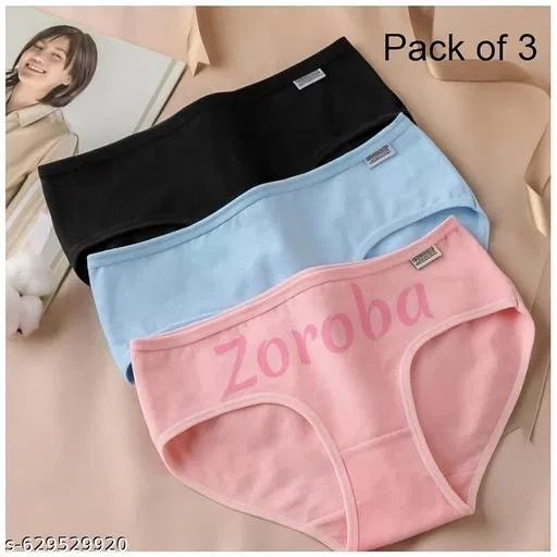 Solid Mid Rise Bikini Briefs for Women, Pack of 3 (Black, M)