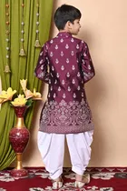 Dupion Silk Printed Kurta with Dhoti for Boys, Wine & White 