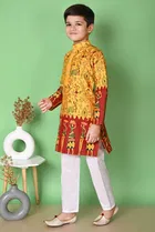 Dupion Silk Printed Kurta with Payjama for Boys, Yellow & White 