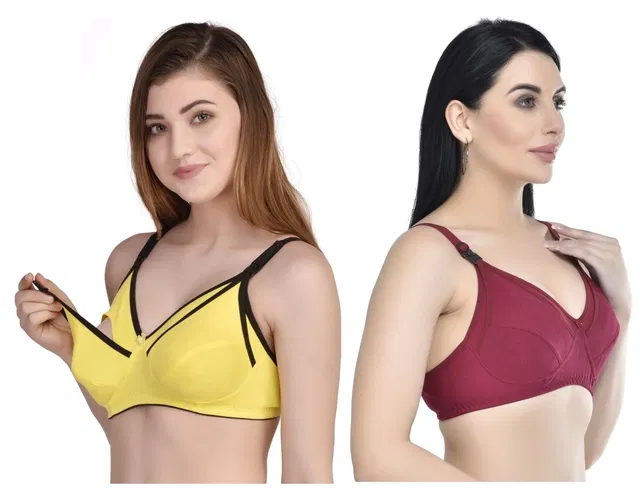 Cotton Blend Solid Non Padded Feeding Bras for Women (Multicolor, 34) (Pack of 2)