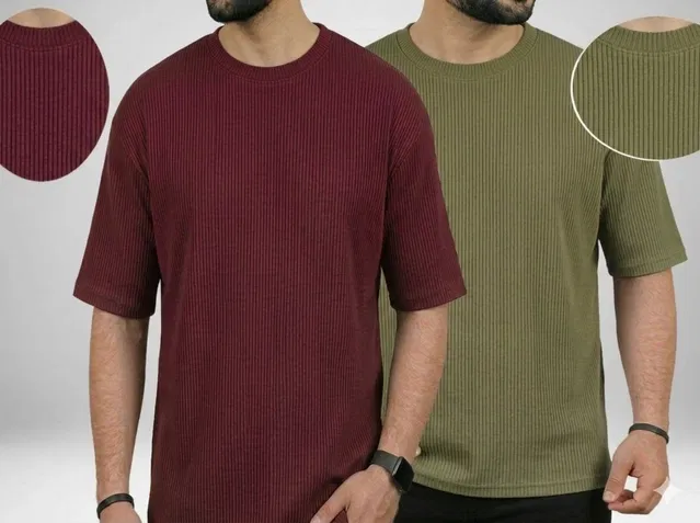 Polyester Striped T-shirt for Men, Maroon & Olive, Pack of 2 (M)
