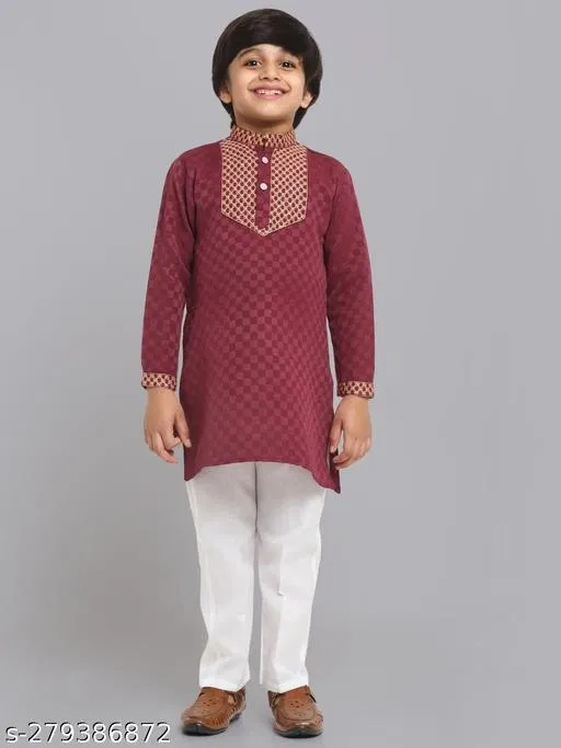 Cotton Blend Kurta with Pyjama for Boys (Maroon & White, 5-6 Years)