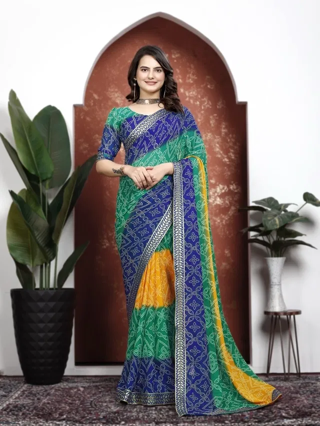 Georgette Bandhini Saree for Women (Blue)