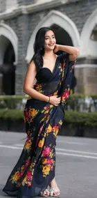 Georgette Printed Saree for Women, Black 