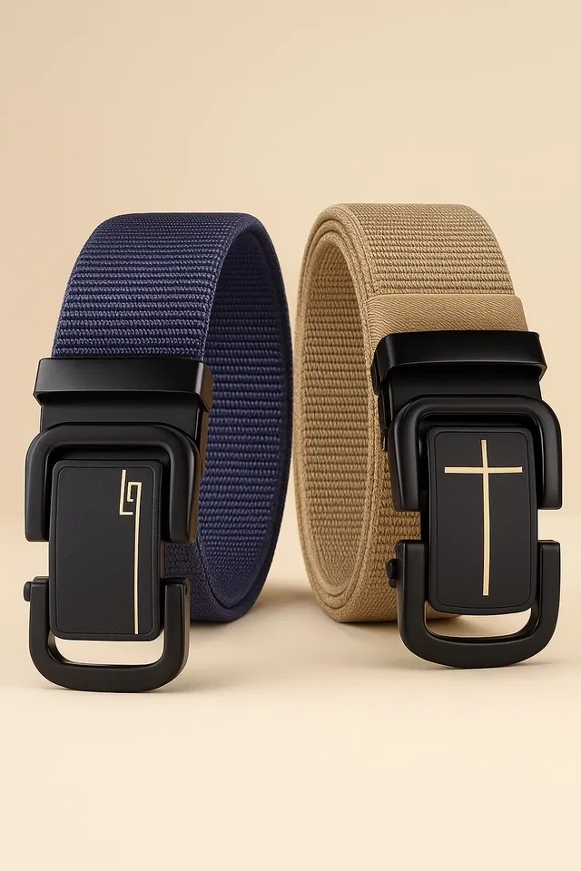 Nylon Textured Belts for Men (Blue & Beige) (Pack of 2)