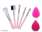 Women's & Girl's Soft Bristle 5 Pcs Pink Makeup Brushes Set with 2 Sponge Puff  
