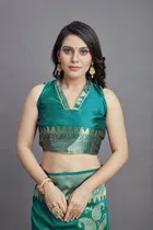 Litchi Silk Zari Woven Saree for Women, Teal 