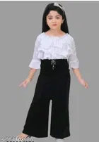 White Cotton Three-Quarter Sleeve Round Neck Top & Cotton Pant Set Clothing Set for Girls 