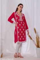 Embroidered Pink Rayon Beads Work Kurti for Women 