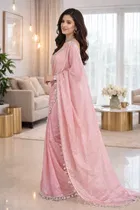 Bollywood Pink Satin Solid Lace Border Saree for Women