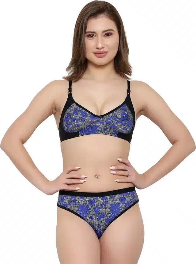 Cotton Blend Lingerie Set for Women (Blue, 36)