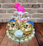 Metal Decorative Ganpati Haldi Kumkum Stand with 2 Roli Chawal Holder, Multicolor