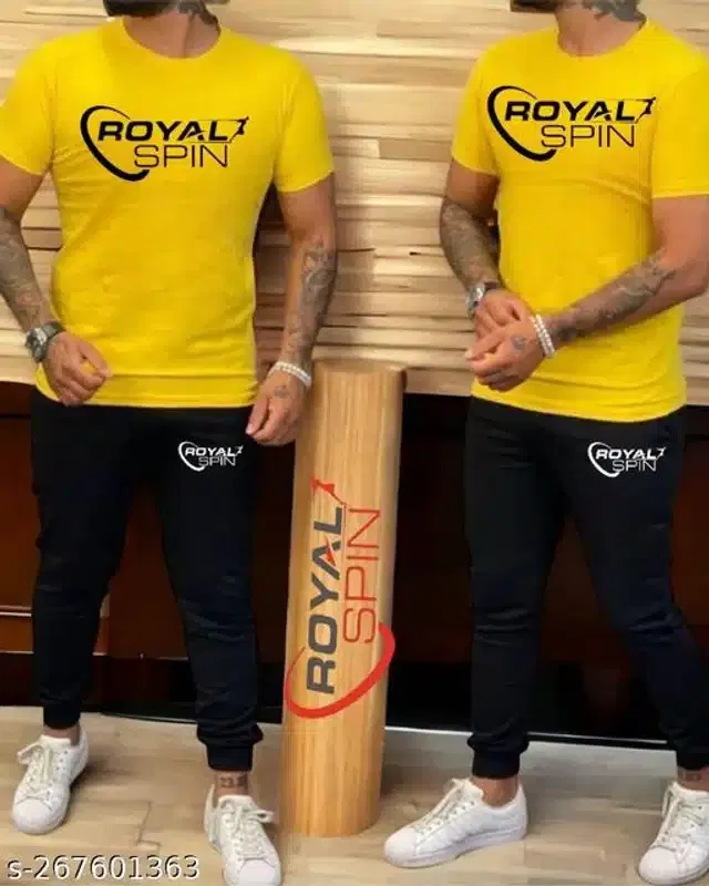 Half Sleeves T-Shirt with Trackpant for Men (Yellow & Black, XL)