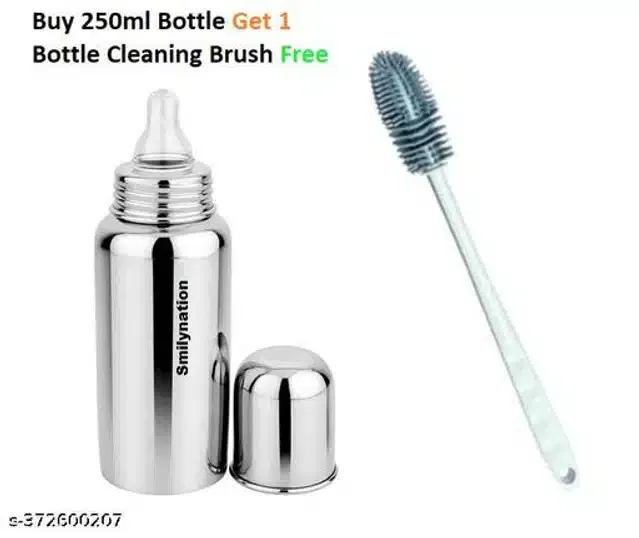 Stainless Steel Milk Feeding Bottle (250 ml) with Bottle Cleaning Brush for Infants (Multicolor, Set of 2)
