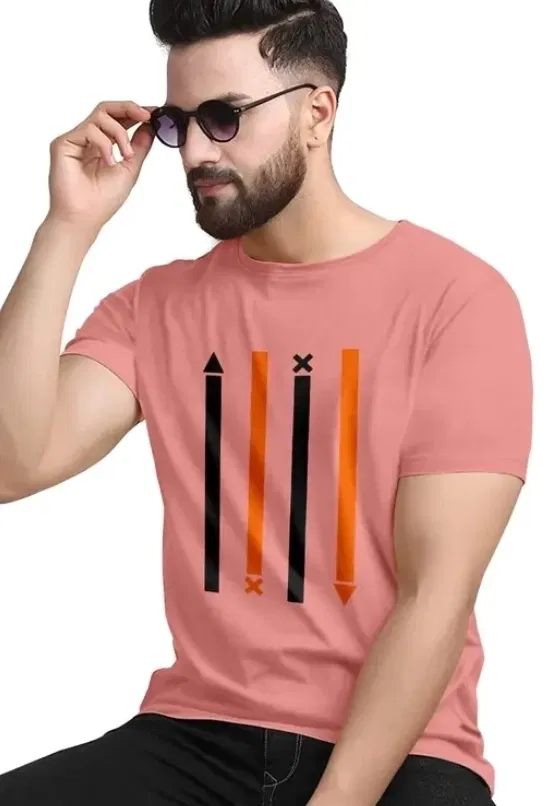 Round Neck Printed T-Shirt for Men (Peach, L)
