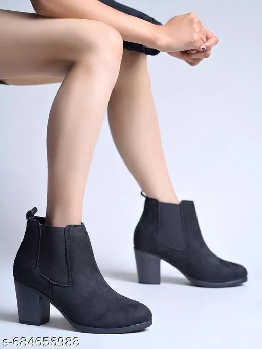 Shoetopia Suede Heeled Boots Black (IND-6)
