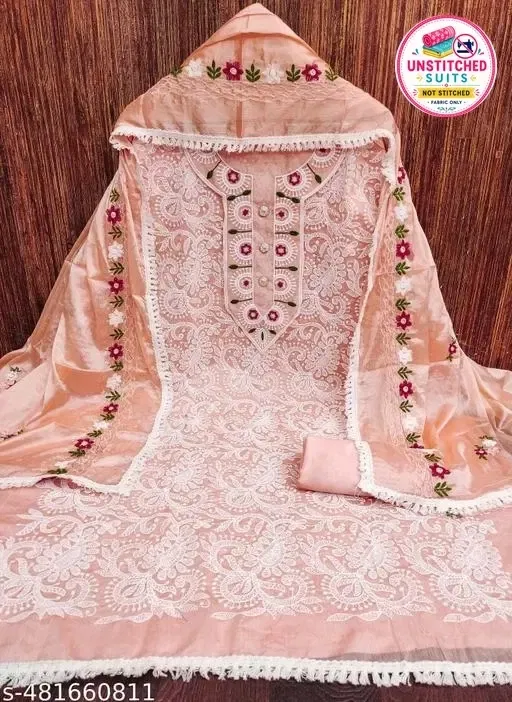 Chanderi Cotton Unstitched Suits for Women (Orange, Free Size)